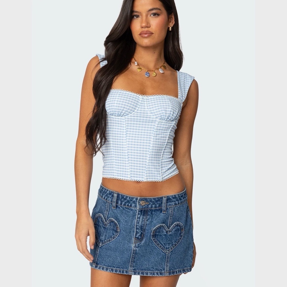 Edikted Light Blue Gingham Crop Top - Picture 3 of 3